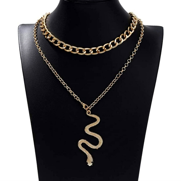 Gold Chunky Cuban Link Double Layer Snake Charm Pendant Necklace NWT - Picture 2 of 4